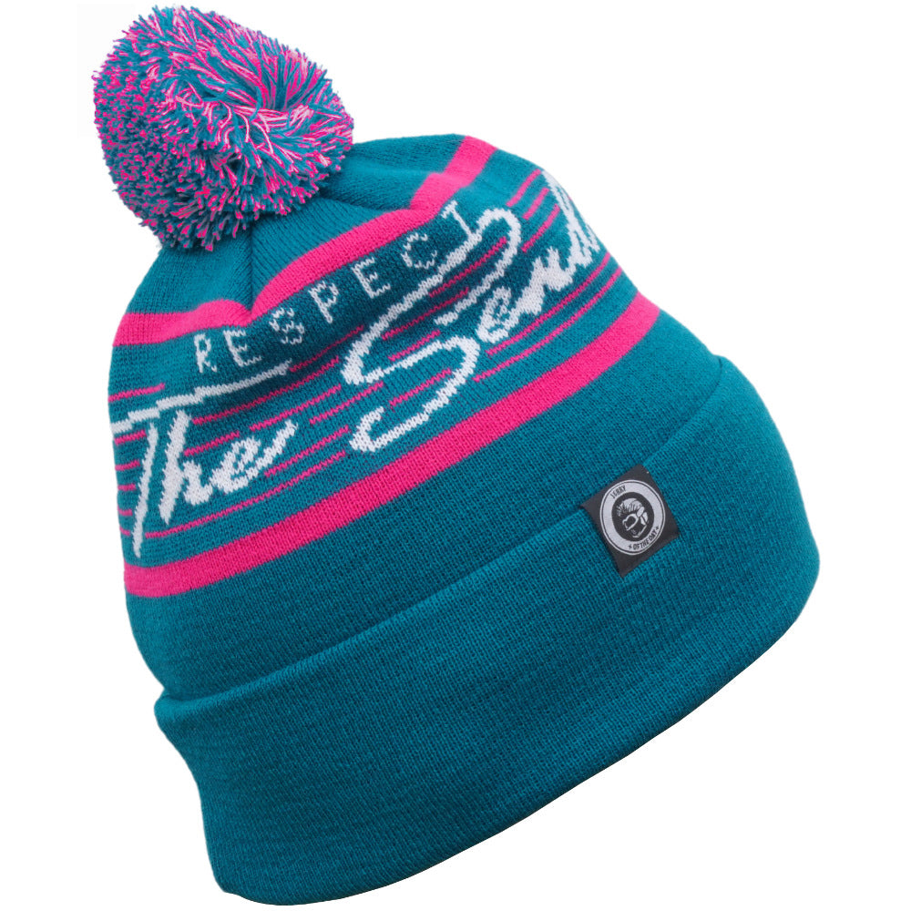 Jerry of the day Respect the Send Vice Beanie in teal and pink, side view. Funny ski and snowboard gifts, shirts and apparel.