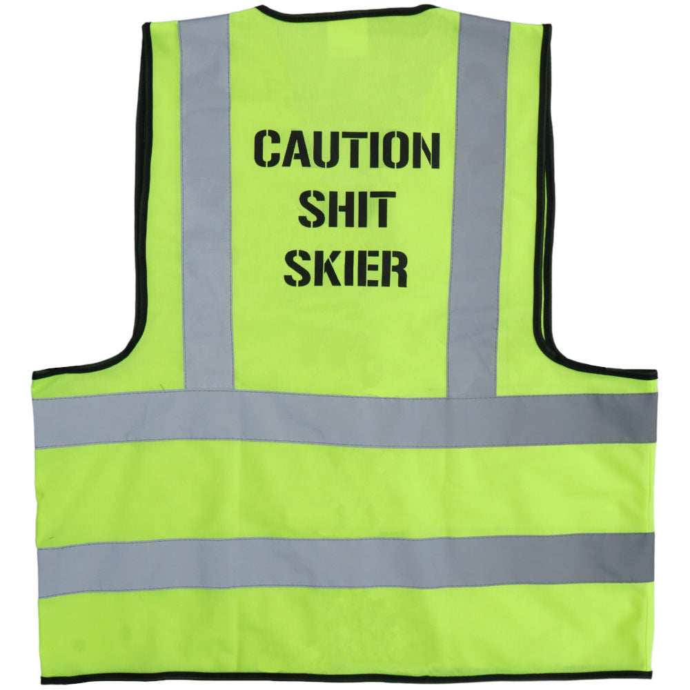 Jerry of the Day Caution Shit Skier Vest, back view. Funny ski and snowboard gifts, shirts and apparel. 