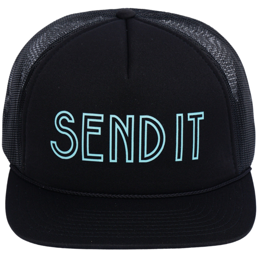 Jerry of the Day Send It Trucker Hat in black, front view. Funny ski and snowboard gifts, shirts and apparel.
