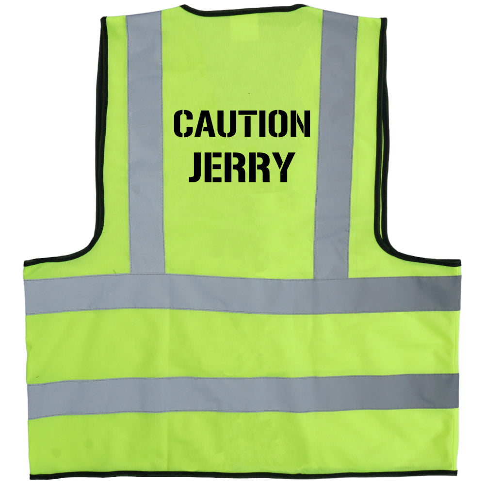 Jerry of the Day Caution Jerry Vest, back view.  Funny ski and snowboard gifts, shirts and apparel. 