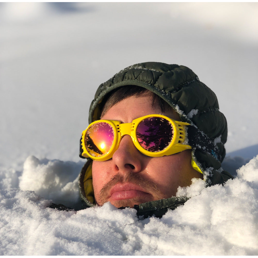 Jerry of the Day Send-O-Vision 2.0 Speed Goggles in yellow, man buried in snow. Funny ski and snowboard gifts, shirts, and apparel.