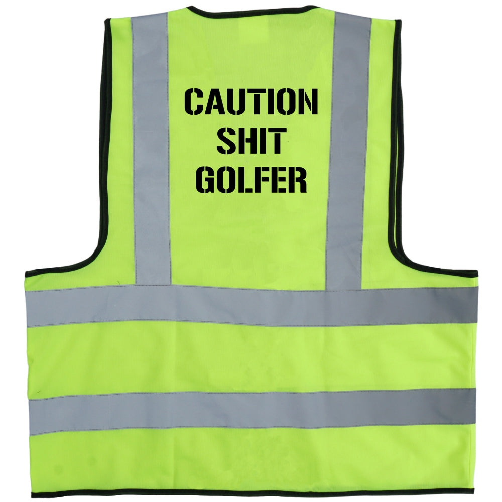 Jerry of the Day Caution Shit Golfer Vest, back view. Funny ski and snowboard gifts, shirts and apparel. 