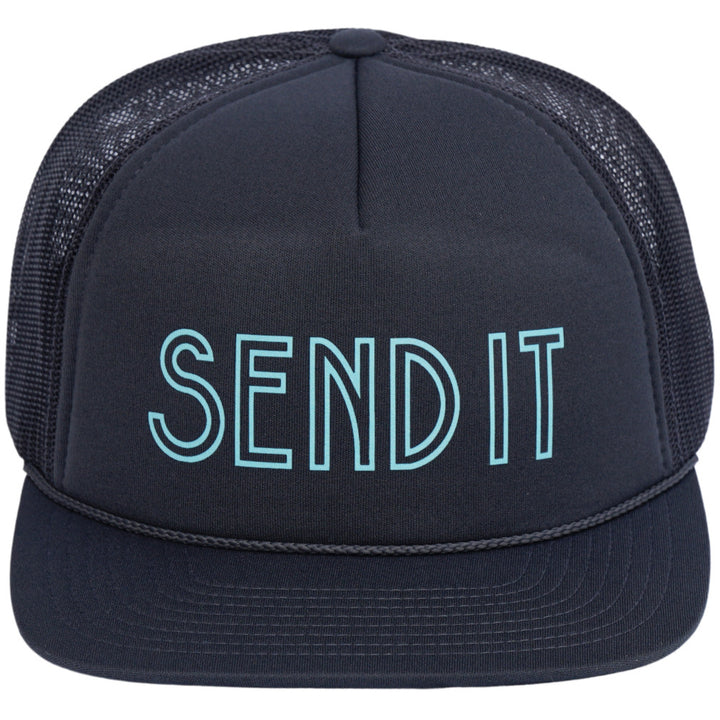 Jerry of the Day Send It Trucker Hat in navy, front view. Funny ski and snowboard gifts, shirts and apparel.