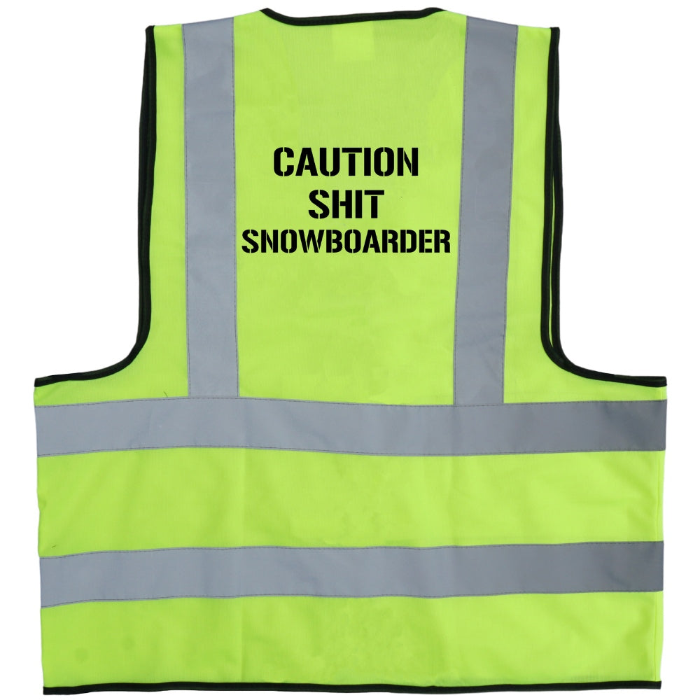 Jerry of the Day Caution Shit Snowboarder Vest, back view. Funny ski and snowboard gifts, shirts and apparel. 