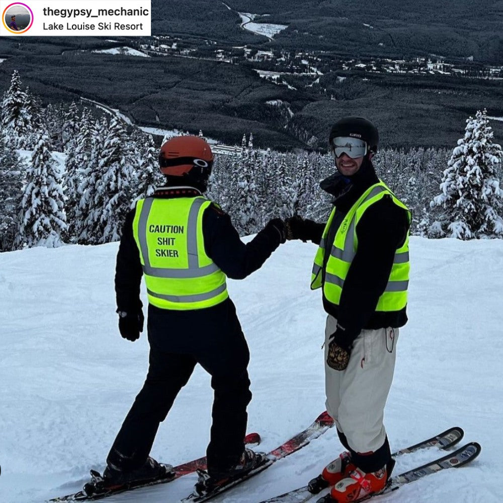 Jerry of the Day Caution Shit Skier Vest, guys skiing in vests. Funny ski and snowboard gifts, shirts and apparel. 