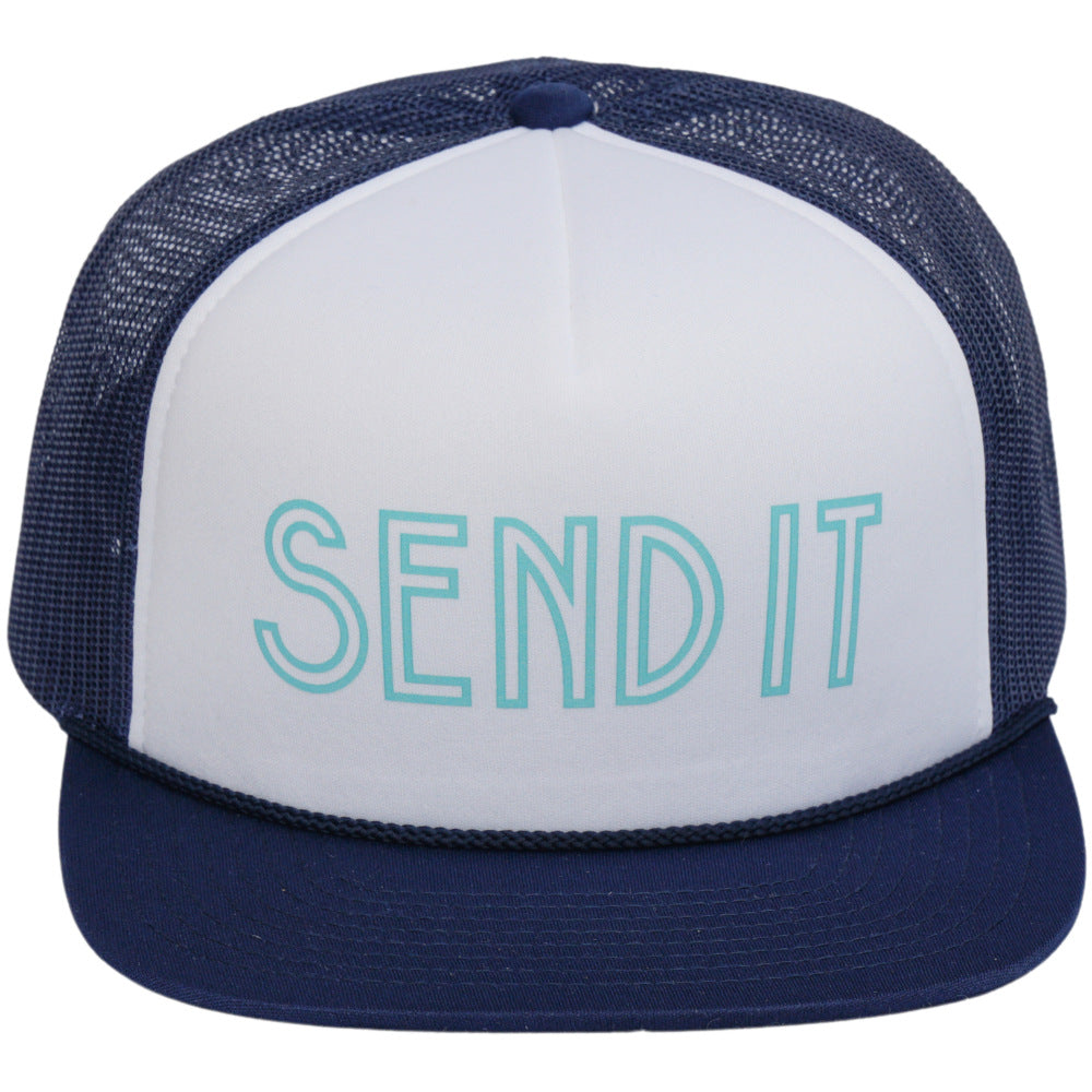 Jerry of the Day Send It Trucker Hat in white navy, front view. Funny ski and snowboard gifts, shirts and apparel.
