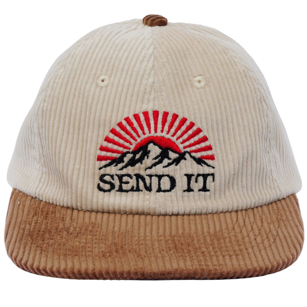 Jerry of the Day Send It Summit Corduroy Hat in cream brown front view.  Funny ski and snowboard gifts, shirts and apparel. 