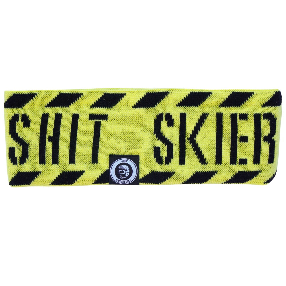 Jerry of the Day Caution Shit Skier Headband, front view. Funny ski and snowboard gifts, shirts and apparel. 