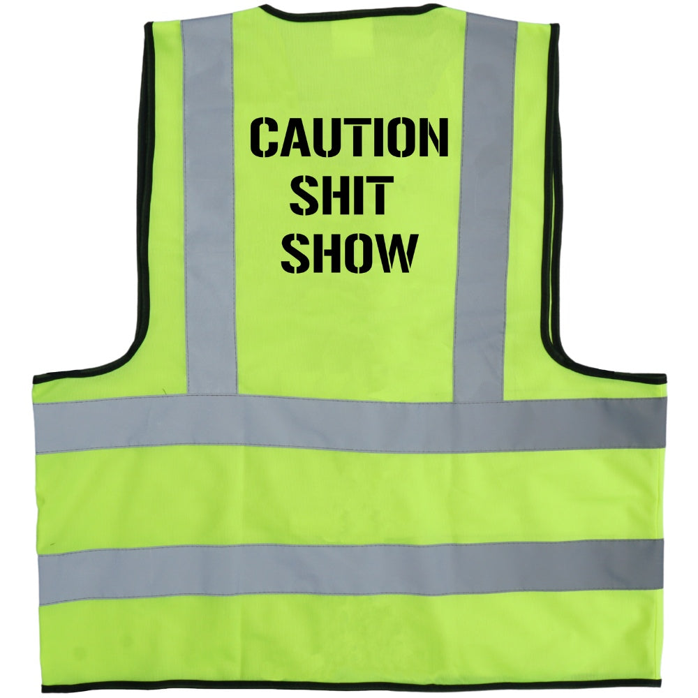 Jerry of the Day Caution Shit Show Vest back.  Funny ski and snowboard gifts, shirts and apparel.