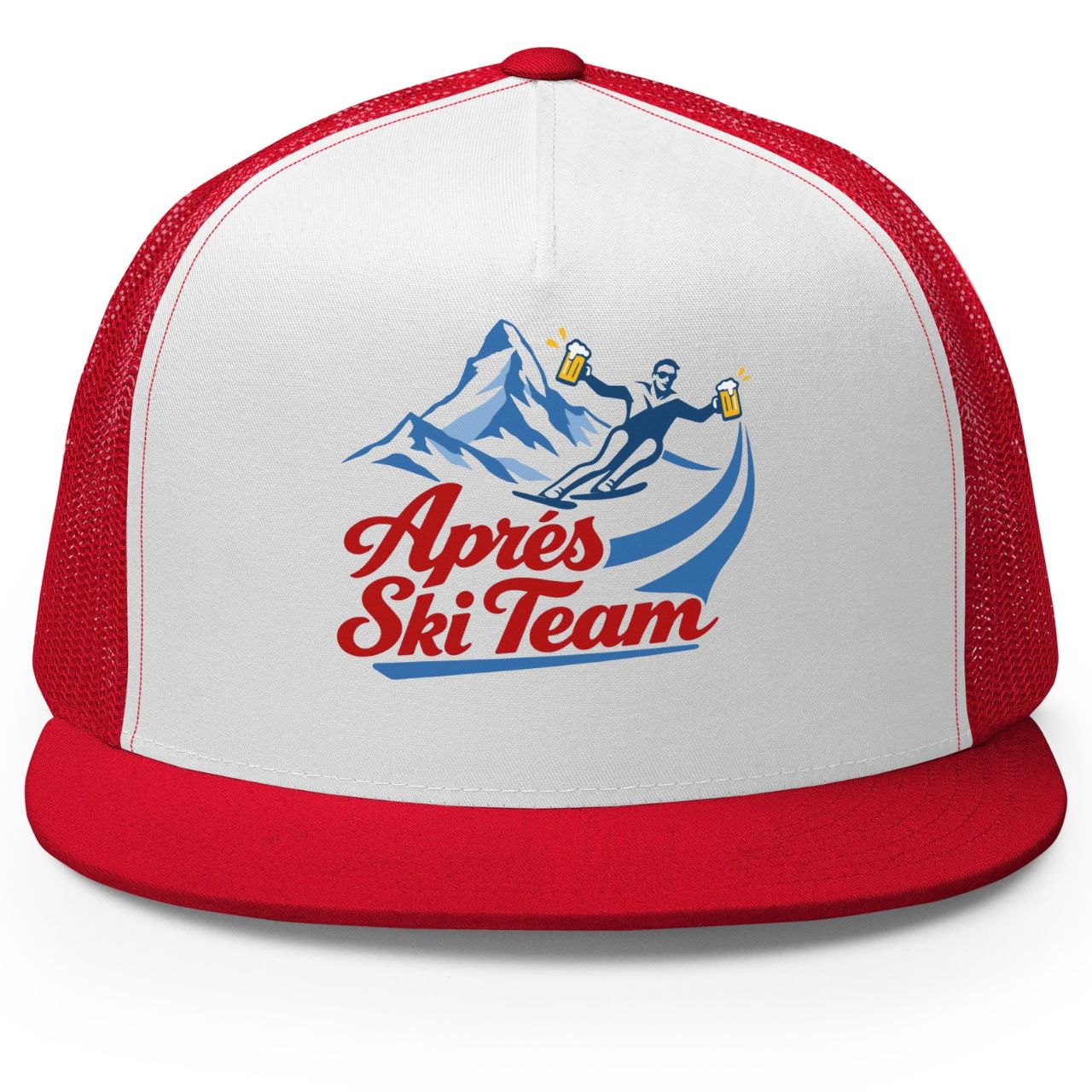 Jerry of the Day Apres ski team trucker hat in Red. Funny ski and snowboard gifts, shirts and apparel