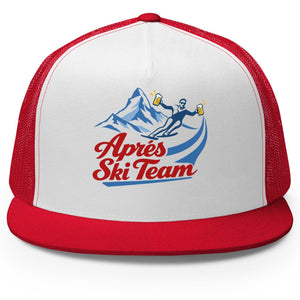 Jerry of the Day Apres ski team trucker hat in Red. Funny ski and snowboard gifts, shirts and apparel