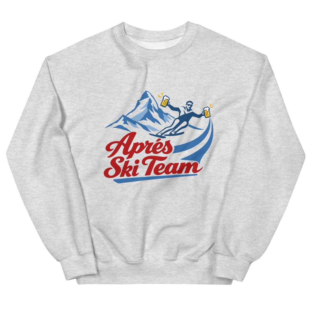 Jerry of the Day apres ski team crewneck sweatshirt in grey. Funny ski and snowboard gifts, shirts and apparel.
