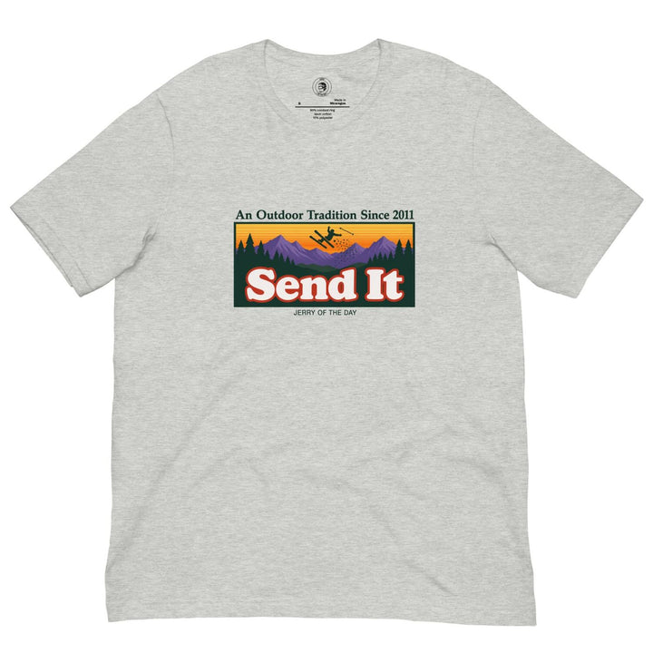 Jerry of the Day Send It outdoor traditions tee shirt in grey funny ski and snowboard gifts and apparel