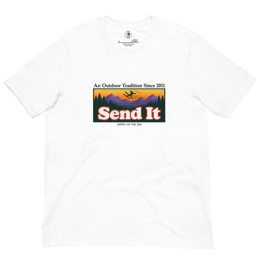Jerry of the Day Send It outdoor traditions tee shirt in white funny ski and snowboard gifts and apparel
