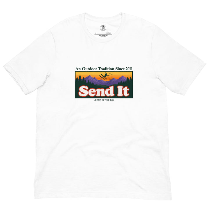 Jerry of the Day Send It outdoor traditions tee shirt in white funny ski and snowboard gifts and apparel