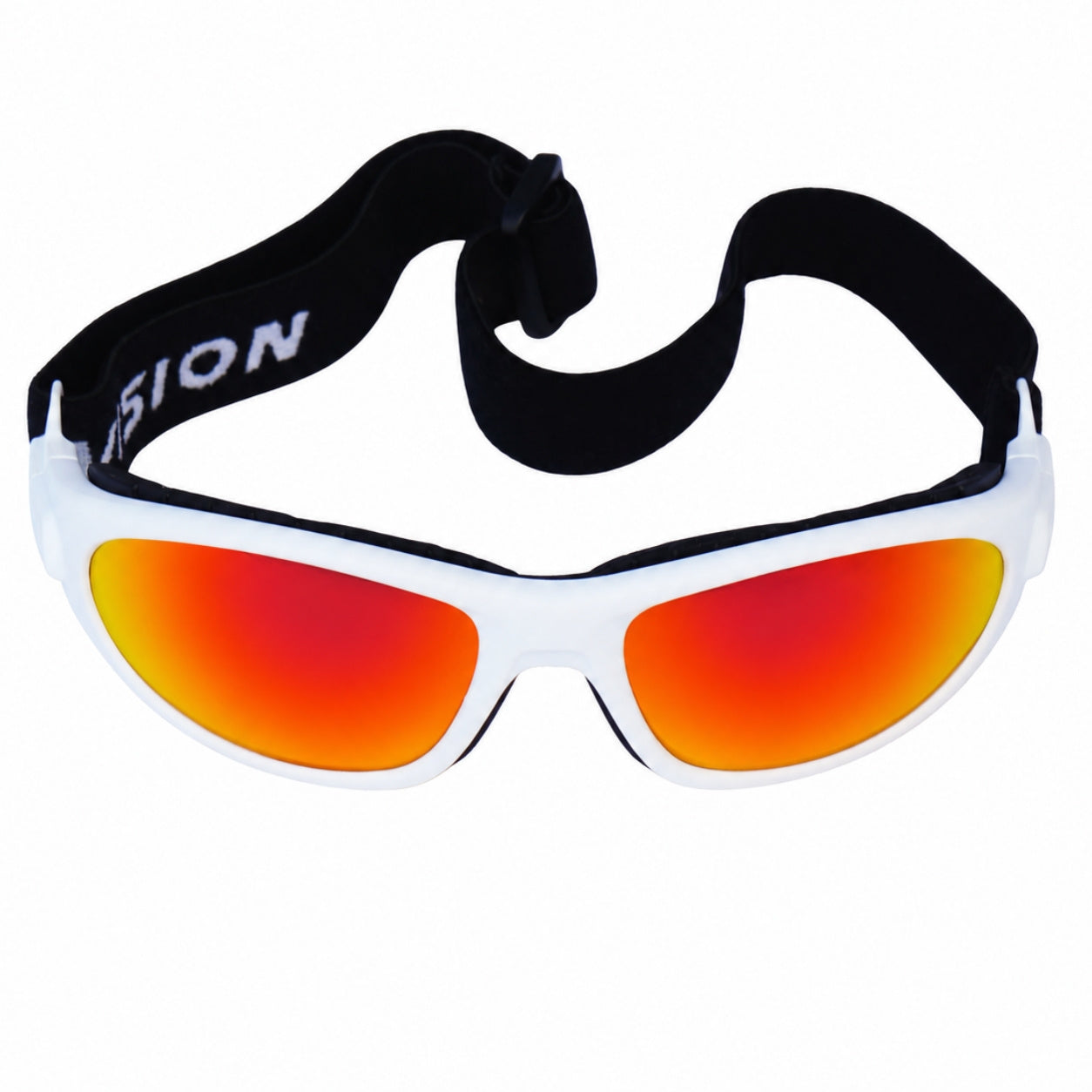Jerry of the Day Send-O-Vision 10.0 The Jenius - Polarized in white with goggle straps front view. Funny ski and snowboard gifts, gear and apparel. 