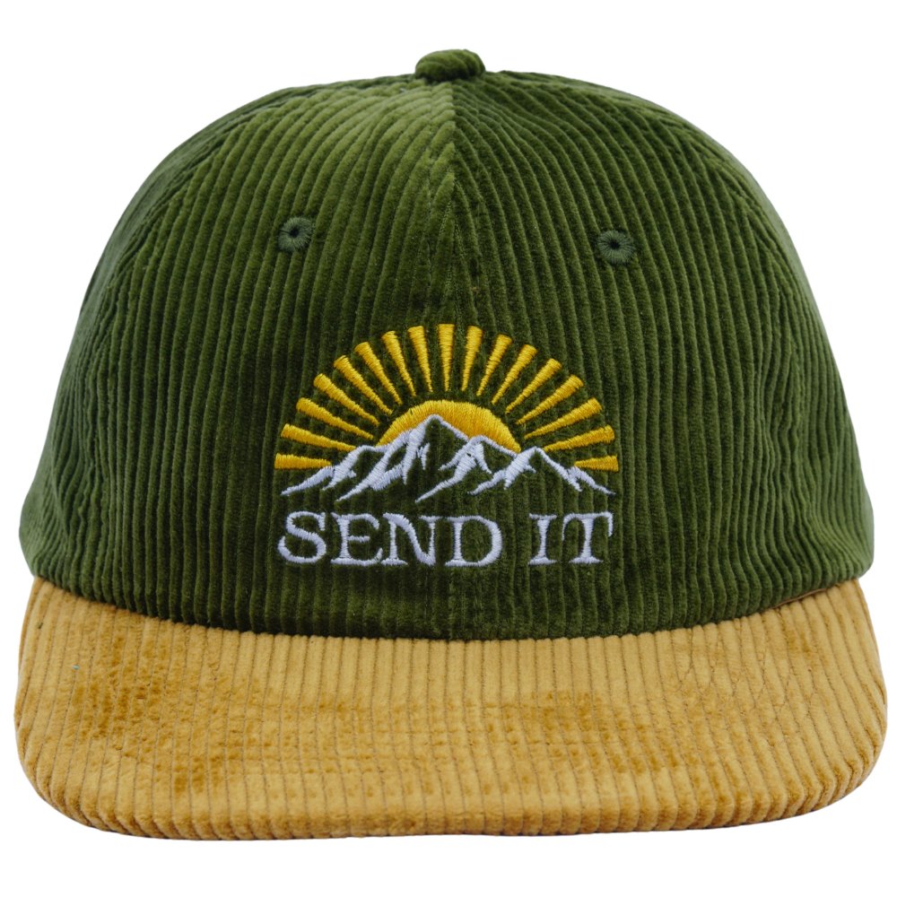  Jerry of the Day Send It Summit Corduroy Hat in green gold front view.  Funny ski and snowboard gifts, shirts and apparel. 