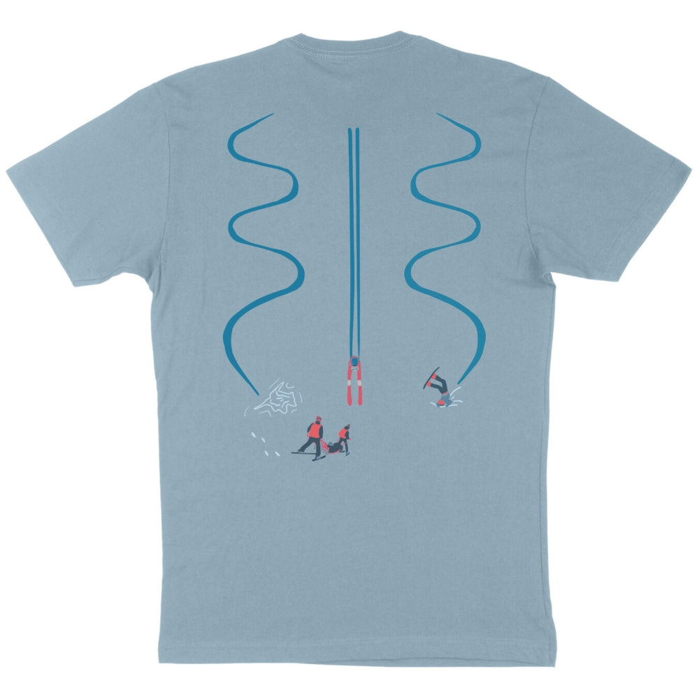 Jerry of the Day Respect the Send Synchro Tee Shirt in blue, back view Funny ski and snowboard gifts, shirts and apparel. 