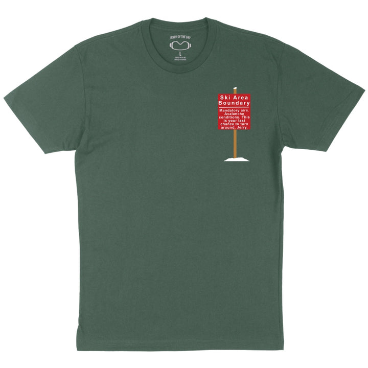 Jerry of the Day Mandatory AIr Tee Shirt in green, front view. Funny ski and snowboard gifts, shirts and apparel. 