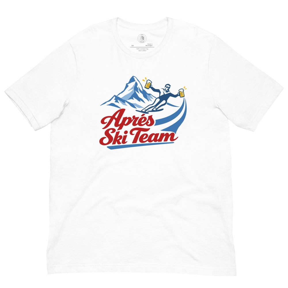 Jerry of the Day Send Apres Ski Team Tee Shirt in white. Funny ski and snowboard gifts shirts and apparel.