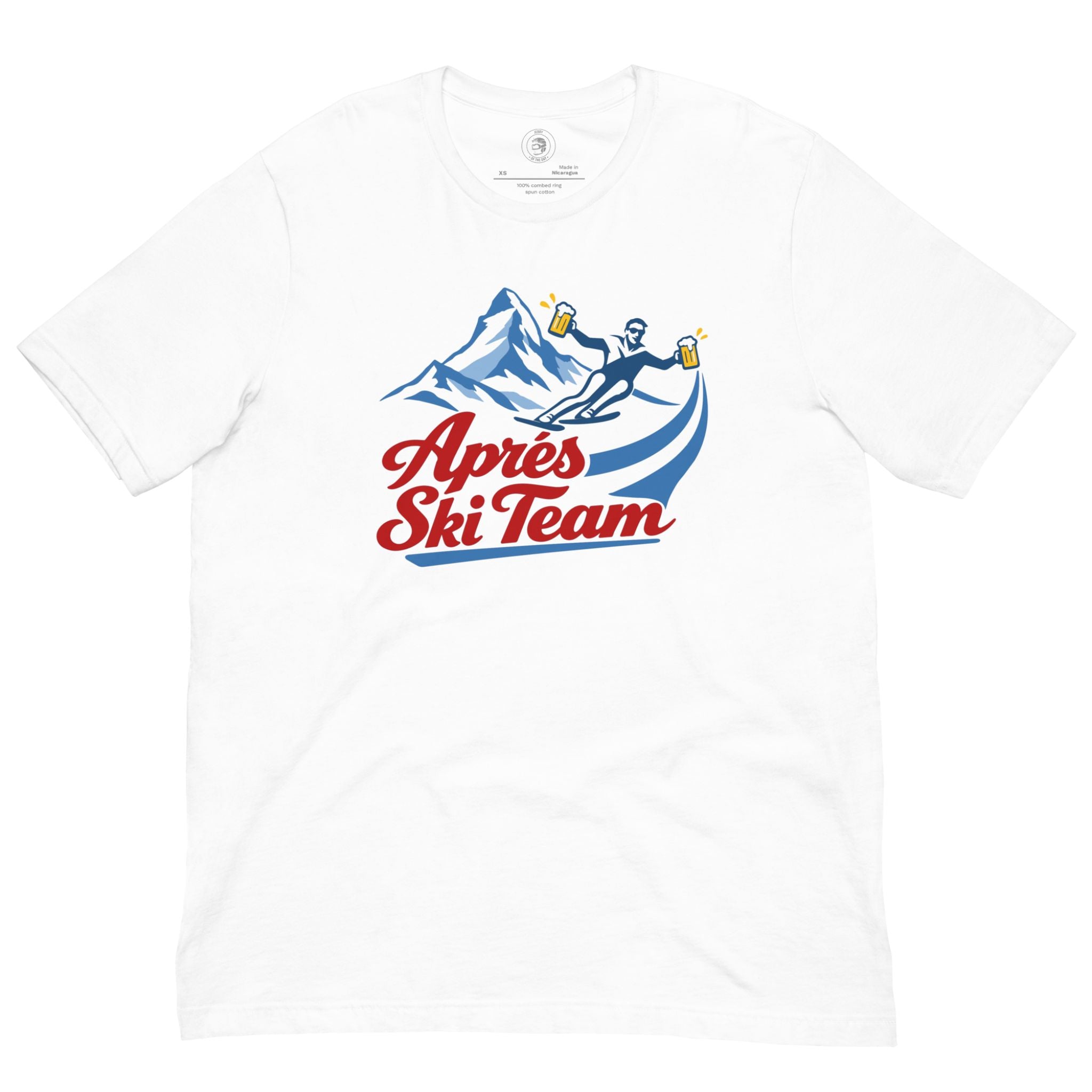 Jerry of the Day Send Apres Ski Team Tee Shirt in white. Funny ski and snowboard gifts shirts and apparel.