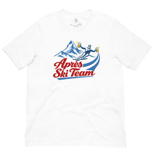 Jerry of the Day Send Apres Ski Team Tee Shirt in white. Funny ski and snowboard gifts shirts and apparel.