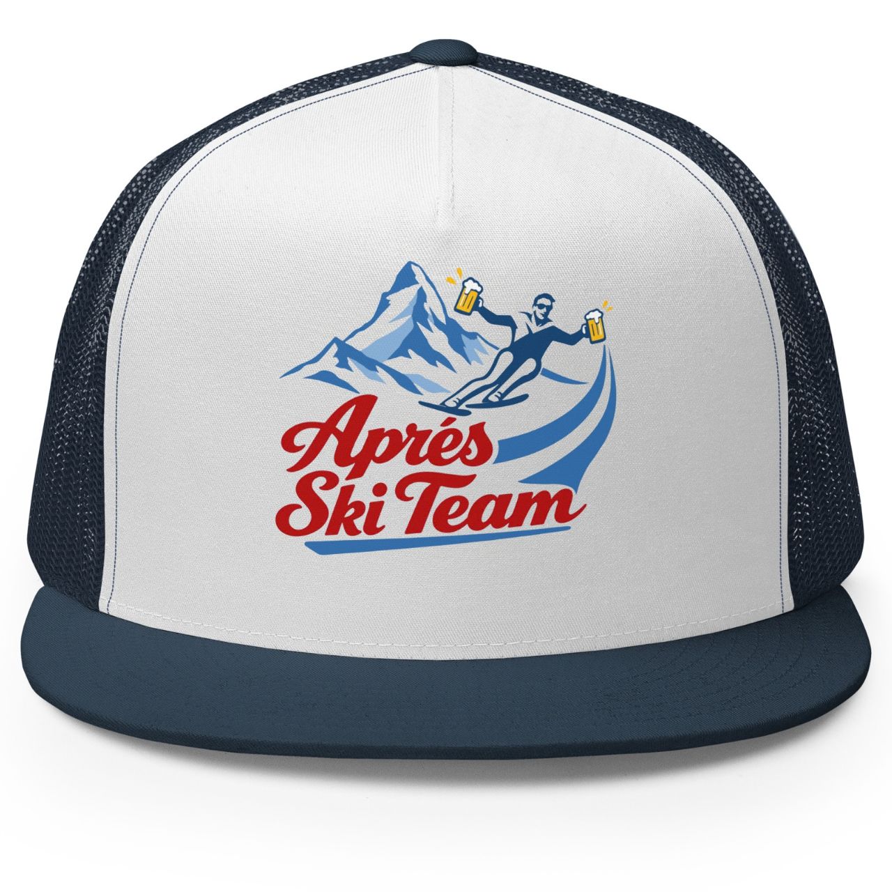 Jerry of the Day Apres ski team trucker hat in Navy. Funny ski and snowboard gifts, shirts and apparel