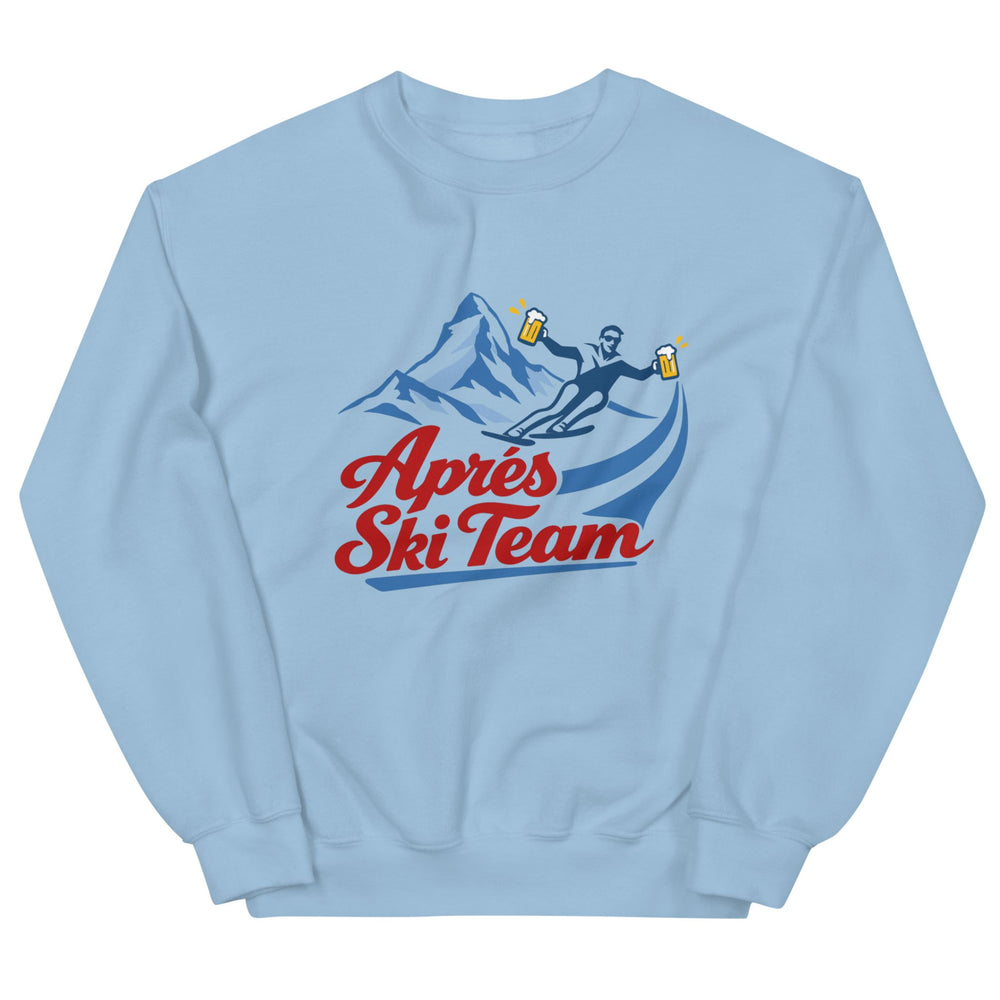 Jerry of the Day apres ski team crewneck sweatshirt in blue. Funny ski and snowboard gifts, shirts and apparel.