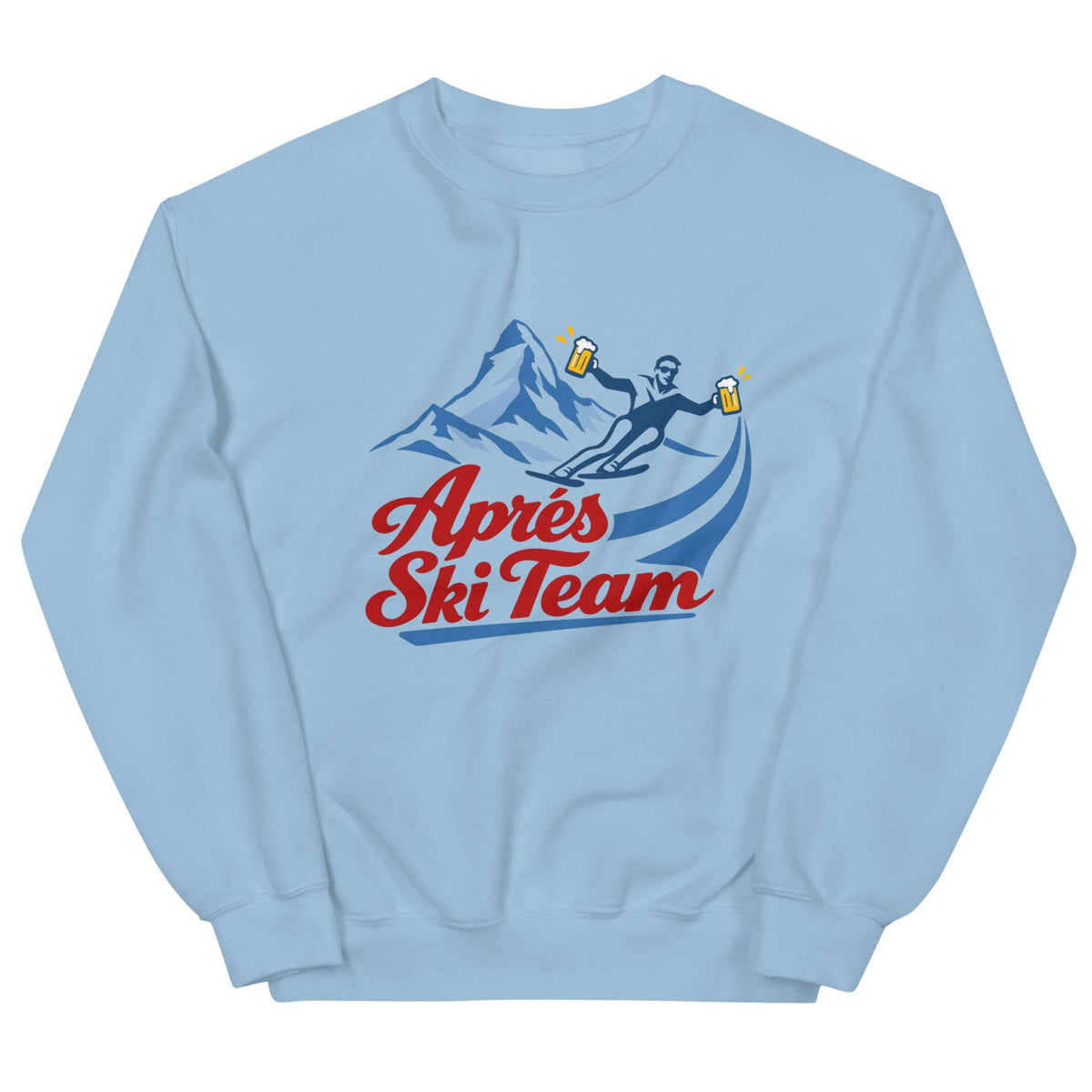 Jerry of the Day apres ski team crewneck sweatshirt in blue. Funny ski and snowboard gifts, shirts and apparel.