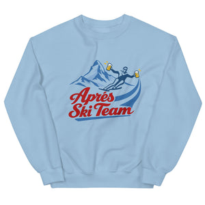 Jerry of the Day apres ski team crewneck sweatshirt in blue. Funny ski and snowboard gifts, shirts and apparel.