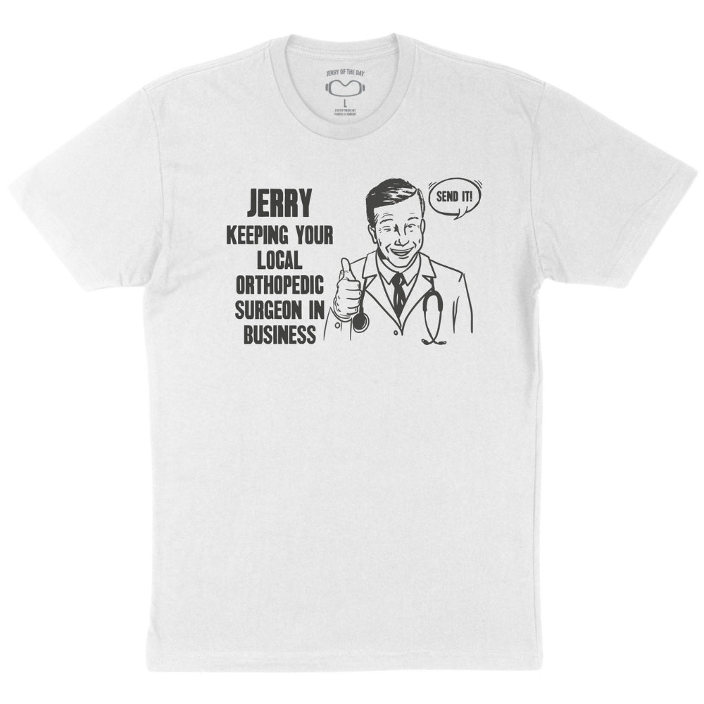 Jerry of the Day Dr.Jerry Tee Shirt in grey. Funny ski and snowboard gifts, shirts and apparel.