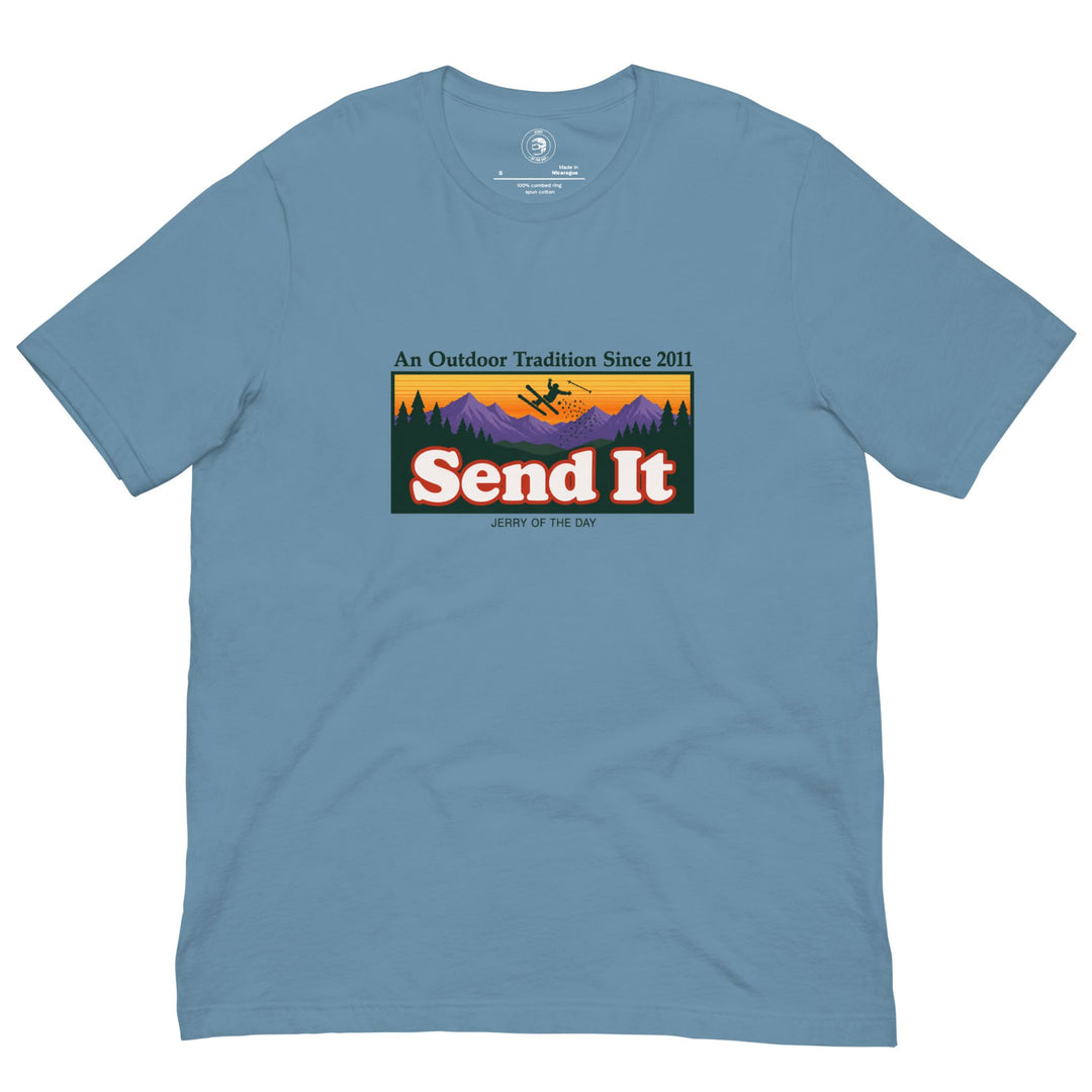Jerry of the Day Send It outdoor traditions tee shirt in blue. Funny ski and snowboard gifts and apparel