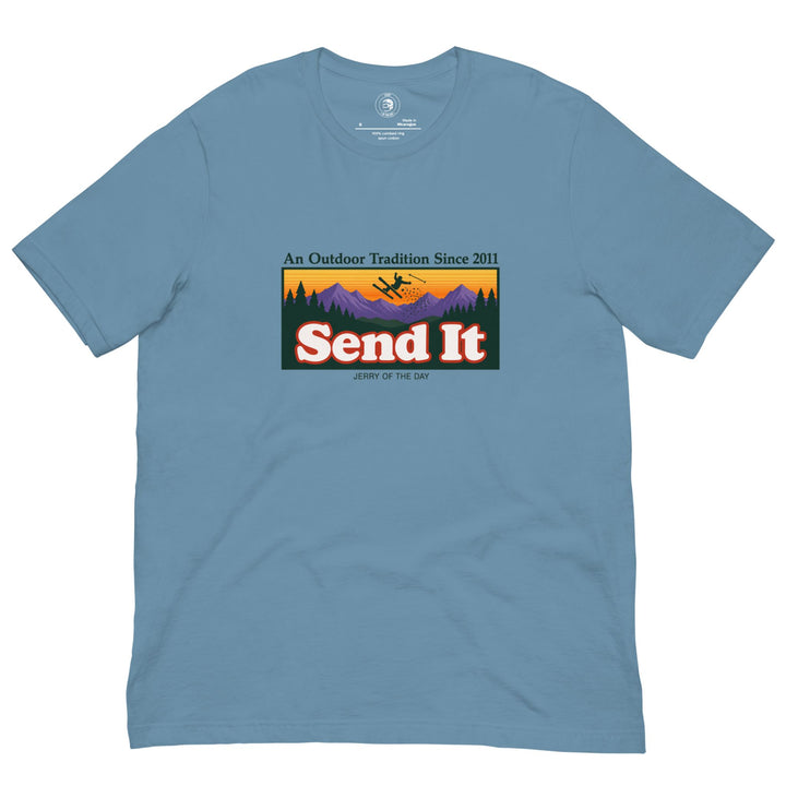 Jerry of the Day Send It outdoor traditions tee shirt in blue. Funny ski and snowboard gifts and apparel