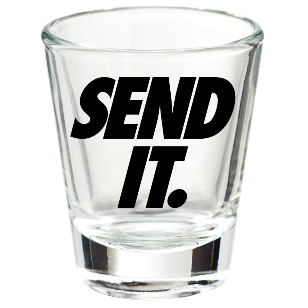 Jerry of the Day Send It Shot Glass, front view. Funny ski and snowboard gifts, shirts and apparel.