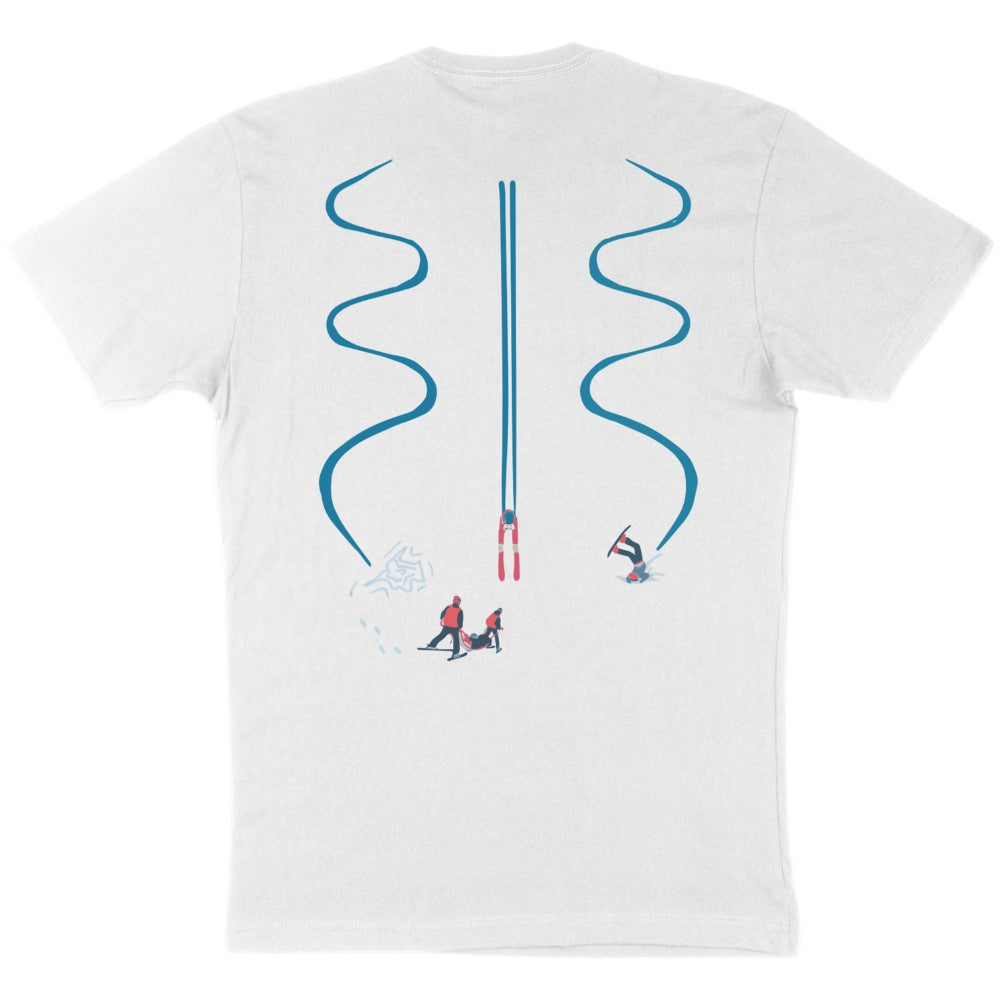 Jerry of the Day Respect the Send Synchro Tee Shirt in white, back view Funny ski and snowboard gifts, shirts and apparel. 