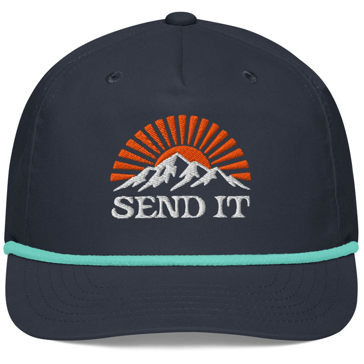 Jerry of the Day string summit send it hat in Navy Mint. Funny ski and snowboard gifts, shirts and apparel