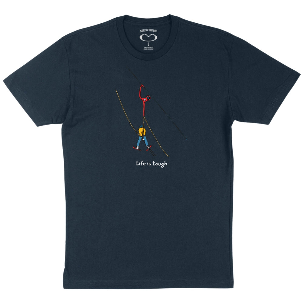 Jerry of the Day Life is Tough Wedgie Tee Shirt in blue. Funny ski and snowboard gifts, shirts and apparel. 