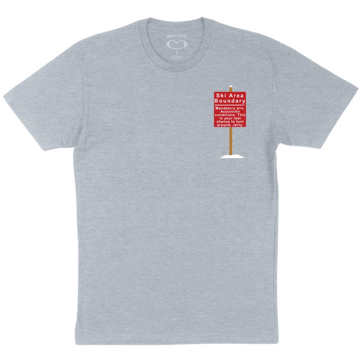 Jerry of the Day Mandatory AIr Tee Shirt in grey, front view. Funny ski and snowboard gifts, shirts and apparel. 