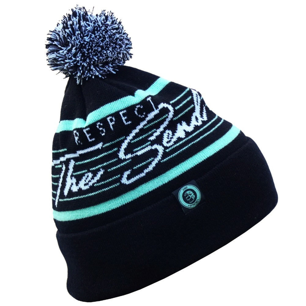 Jerry of the day Respect the Send Vice Beanie in black and teal, side view. Funny ski and snowboard gifts, shirts and apparel.