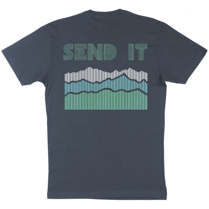 Jerry of the Day Send It Ridgeline Tee Shirt in grey, back view. Funny ski and snowboard gifts, shirts and apparel. 