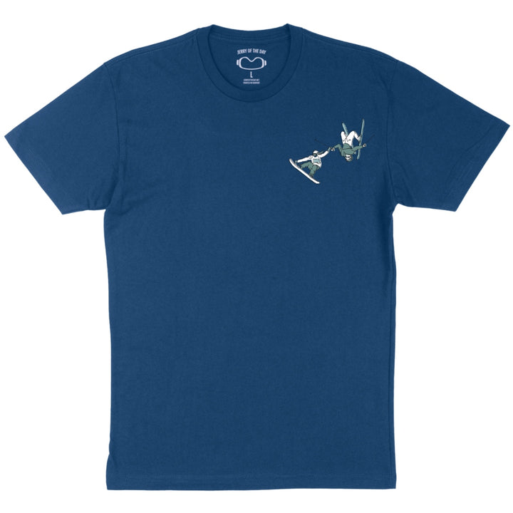 Jerry of the Day Send It Ridgeline Tee Shirt in blue, front view. Funny ski and snowboard gifts, shirts and apparel. 