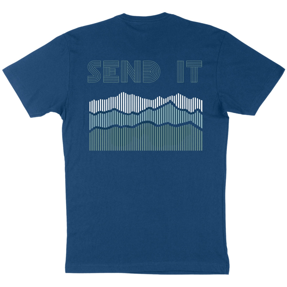 Jerry of the Day Send It Ridgeline Tee Shirt in blue, back view. Funny ski and snowboard gifts, shirts and apparel. 