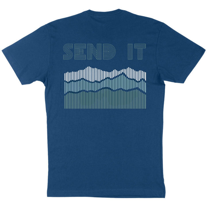 Jerry of the Day Send It Ridgeline Tee Shirt in blue, back view. Funny ski and snowboard gifts, shirts and apparel. 