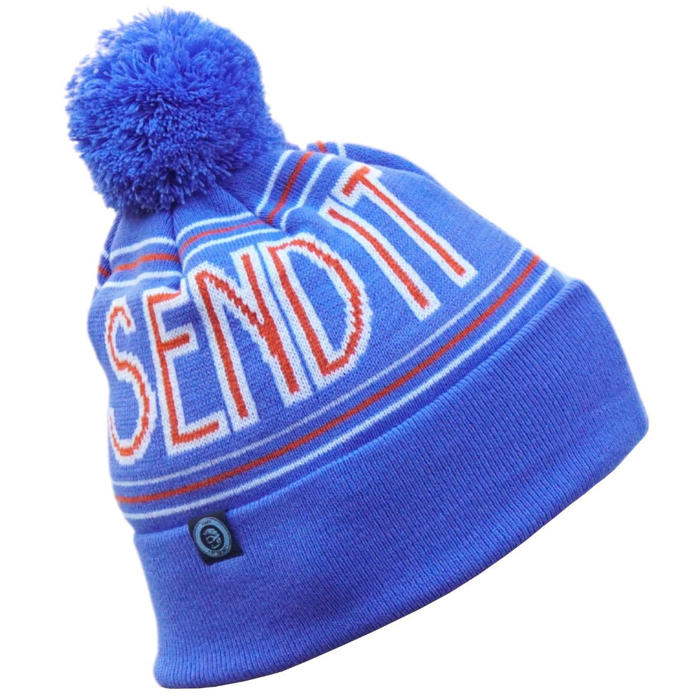 Jerry of the Day Send It Chalet Beanie in blue, side view. Funny ski and snowboard gifts, shirts and apparel. 