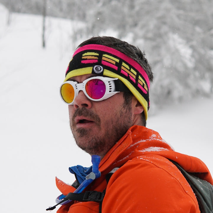 Jerry of the Day Send-O-Vision 2.0 Speed Goggles in white, man wearing on snowy day. Funny ski and snowboard gifts, shirts, and apparel.