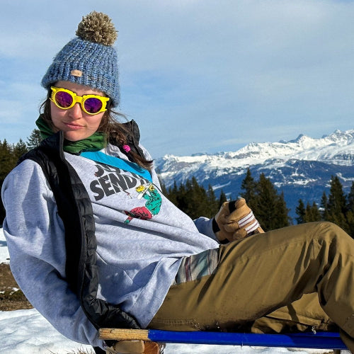Jerry of the Day Send-O-Vision 2.0 Speed Goggles in yellow, woman sleding on mountain. Funny ski and snowboard gifts, shirts, and apparel.