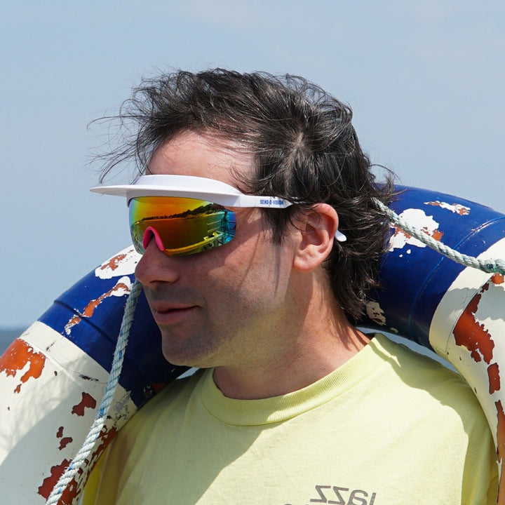 Jerry of the Day Send-O-Vision 8.0 the Sunsetter in white man at beach with tube.  Funny ski and snowboard gifts, shirts and apparel.