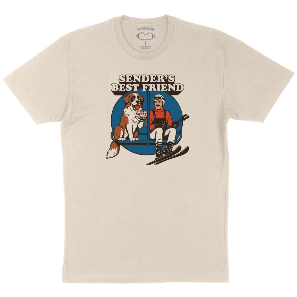 Beige t-shirt with a graphic of a skier and dog and text 'Sender's Best Friend'