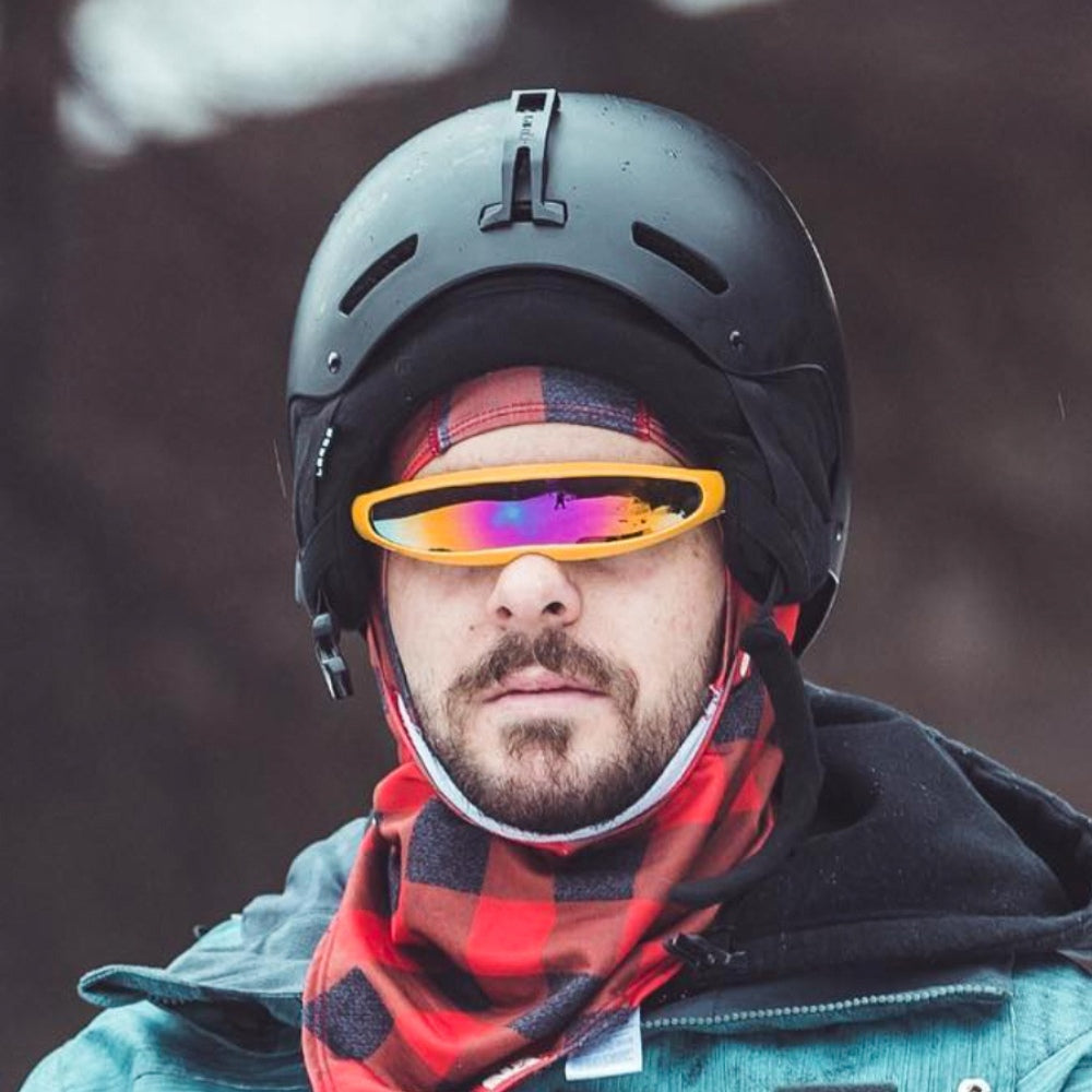 Jerry of the Day Send-O-Vision Jerry of the Day Glasses in yellow, man wearing outside with helmet. Funny ski and snowboard gifts, shirts, and apparel.