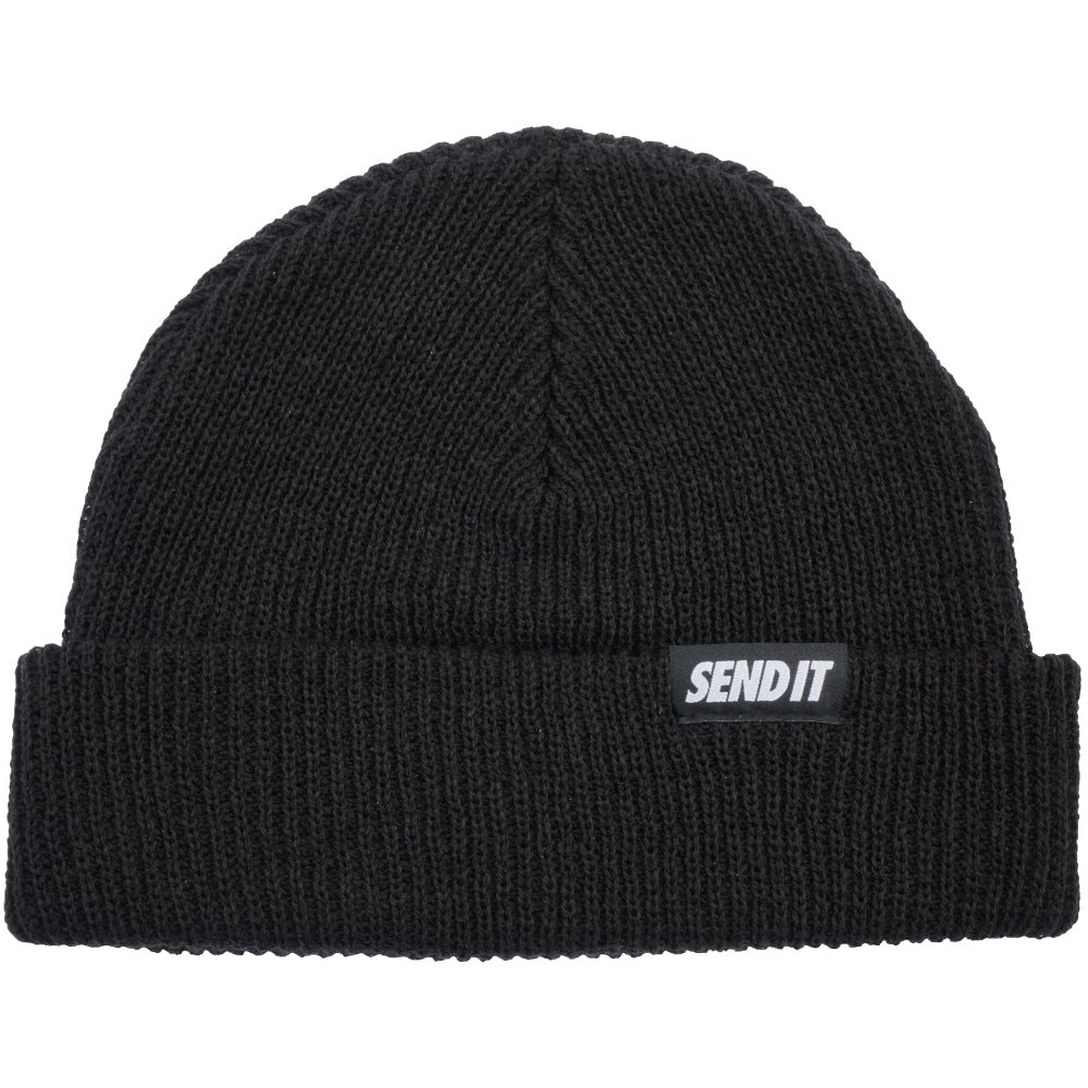 Jerry of the Day Send It Beanie in black, folded. Funny ski and snowboard gifts, shirts, and apparel.